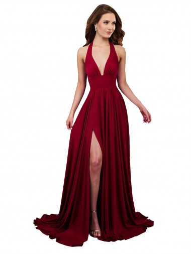 Acheter Bordeaux Trapèze Licou Col V Spandex Longue Formelles Robes demoiselle d'honneur / Robes de soirée / Robes de bal