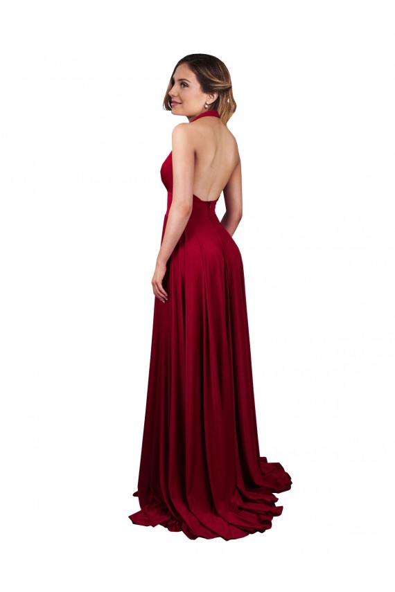 Acheter Bordeaux Trapèze Licou Col V Spandex Longue Formelles Robes demoiselle d'honneur / Robes de soirée / Robes de bal