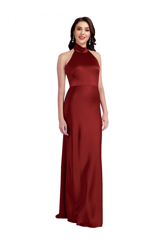 Acheter Bordeaux Trapèze Licou Satiné Stretch Longue Formelles Robes demoiselle d'honneur / Robes de soirée / Robes de bal