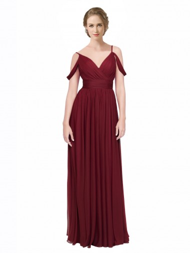 Acheter Bordeaux Trapèze Épaule Dénudée Bretelles spaghetti Mousseline Longue Robes demoiselle d'honneur
