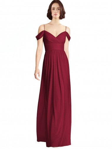 Acheter Bordeaux Trapèze Épaule Dénudée Col V Mousseline Longue Robes demoiselle d'honneur