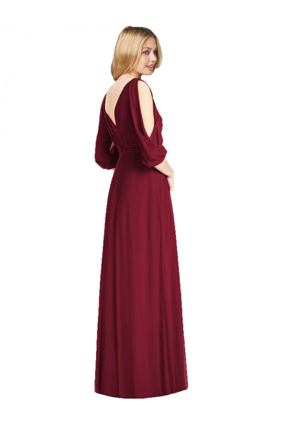 Acheter Bordeaux Trompette Col V Mousseline Longue Robes demoiselle d'honneur