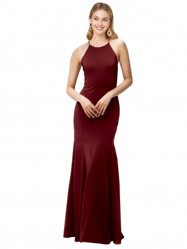 Acheter Bordeaux foncé Sirène Licou Col Haut Crêpe Stretch Longue Formelles Robes demoiselle d'honneur / Robes de soirée / Robes de bal