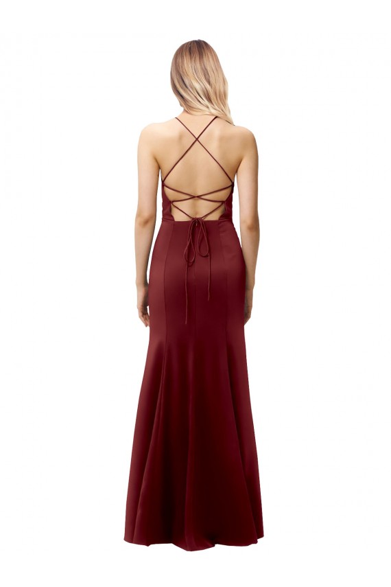 Acheter Bordeaux foncé Sirène Licou Col Haut Crêpe Stretch Longue Formelles Robes demoiselle d'honneur / Robes de soirée / Robes de bal