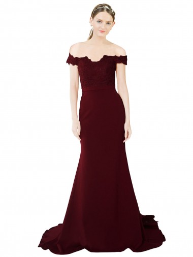 Acheter Bordeaux foncé Sirène Épaule Dénudée Balayage train Crêpe Stretch Dentelle Longue Formelles Robes demoiselle d'honneur / Robes de soirée / Robes de bal