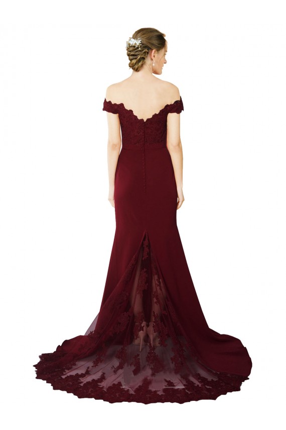 Acheter Bordeaux foncé Sirène Épaule Dénudée Balayage train Crêpe Stretch Dentelle Longue Formelles Robes demoiselle d'honneur / Robes de soirée / Robes de bal