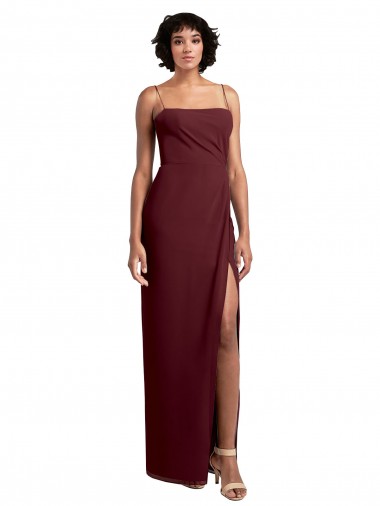 Acheter Bordeaux foncé Trapèze Bretelles spaghetti Col Carré Mousseline Longue Robes demoiselle d'honneur