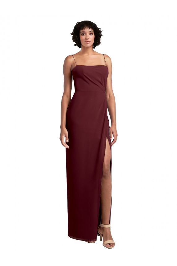 Acheter Bordeaux foncé Trapèze Bretelles spaghetti Col Carré Mousseline Longue Robes demoiselle d'honneur
