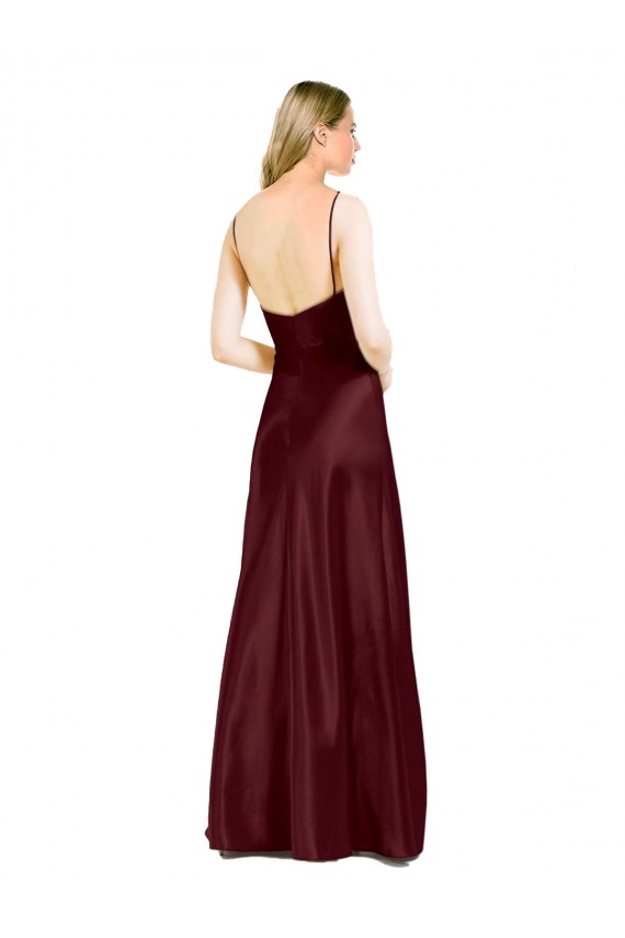 Acheter Bordeaux foncé Trapèze Bretelles spaghetti Col V Satiné Stretch Longue Formelles Robes demoiselle d'honneur / Robes de soirée / Robes de bal