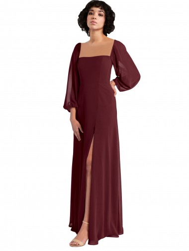 Acheter Bordeaux foncé Trapèze Col Carré Mousseline Longue Robes demoiselle d'honneur