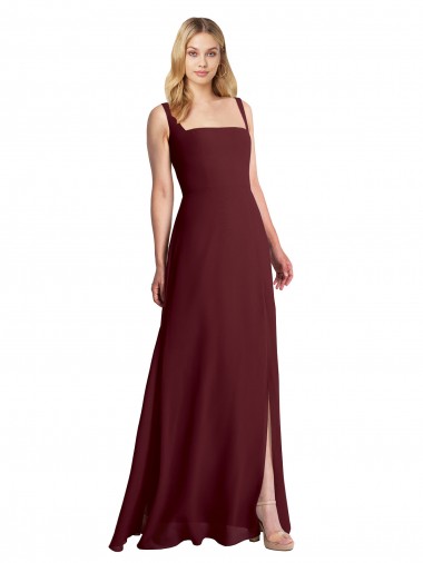 Acheter Bordeaux foncé Trapèze Col Carré Mousseline Longue Robes demoiselle d'honneur