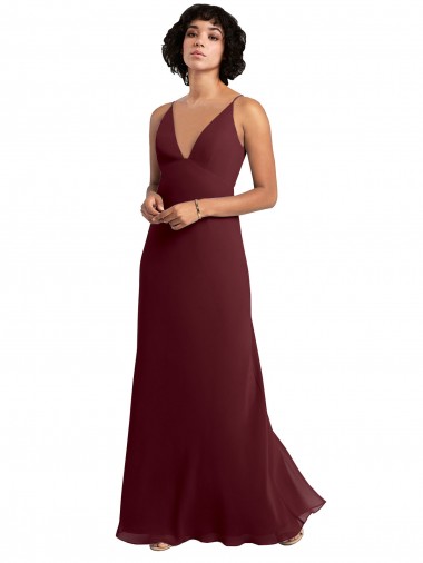 Acheter Bordeaux foncé Trapèze Col V Mousseline Longue Robes demoiselle d'honneur