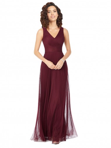 Acheter Bordeaux foncé Trapèze Col V Tulle Longue Robes demoiselle d'honneur