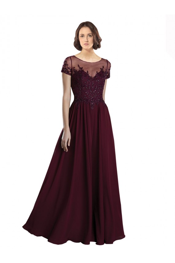 Acheter Bordeaux foncé Trapèze Col bijou Tulle Mousseline Longue Robes demoiselle d'honneur
