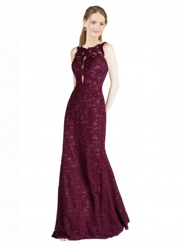 Acheter Bordeaux foncé Trapèze Illusion Col Haut Dentelle Longue Robes demoiselle d'honneur / Robes de bal