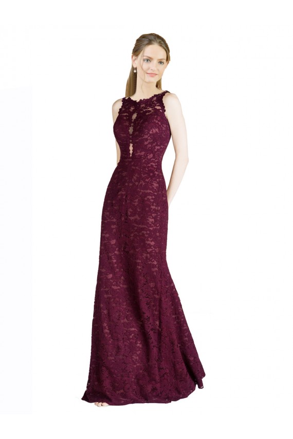 Acheter Bordeaux foncé Trapèze Illusion Col Haut Dentelle Longue Robes demoiselle d'honneur / Robes de bal