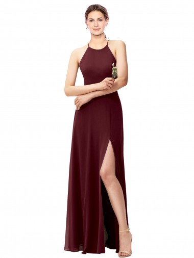 Acheter Bordeaux foncé Trapèze Licou Col Haut Mousseline Longue Robes demoiselle d'honneur
