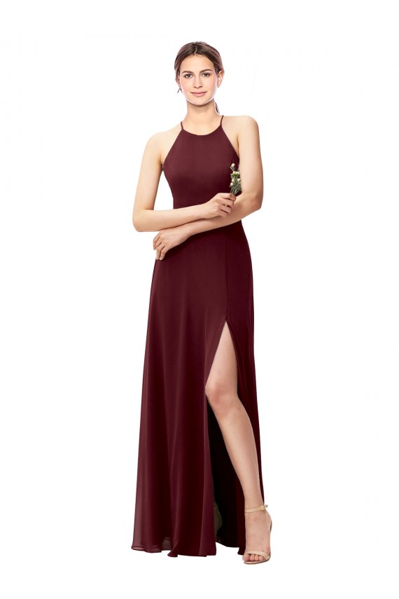 Acheter Bordeaux foncé Trapèze Licou Col Haut Mousseline Longue Robes demoiselle d'honneur