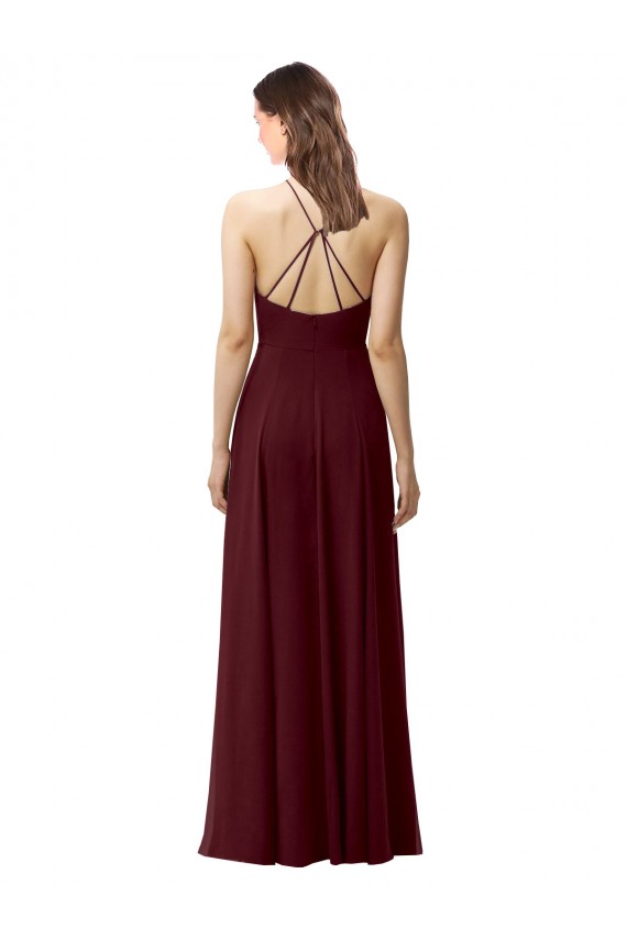 Acheter Bordeaux foncé Trapèze Licou Col Haut Mousseline Longue Robes demoiselle d'honneur