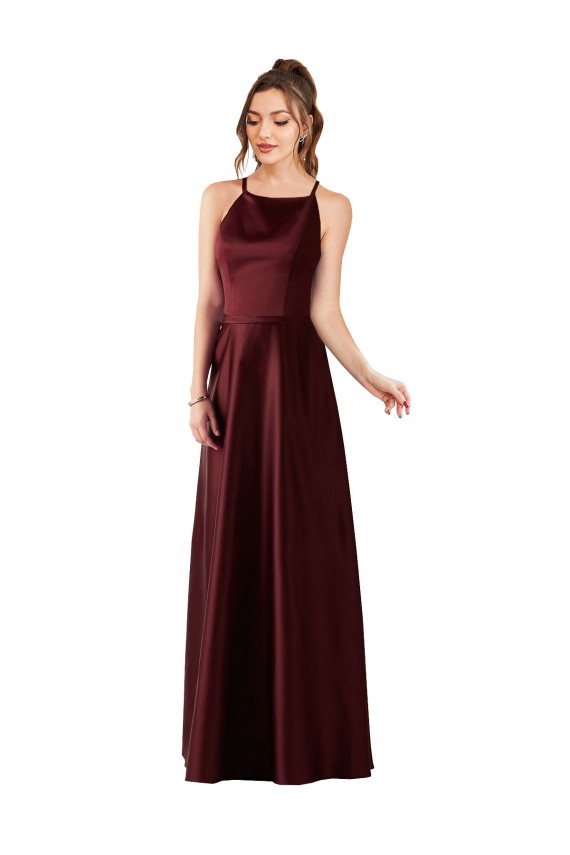Acheter Bordeaux foncé Trapèze Licou Satiné Longue Robes demoiselle d'honneur / Robes de bal