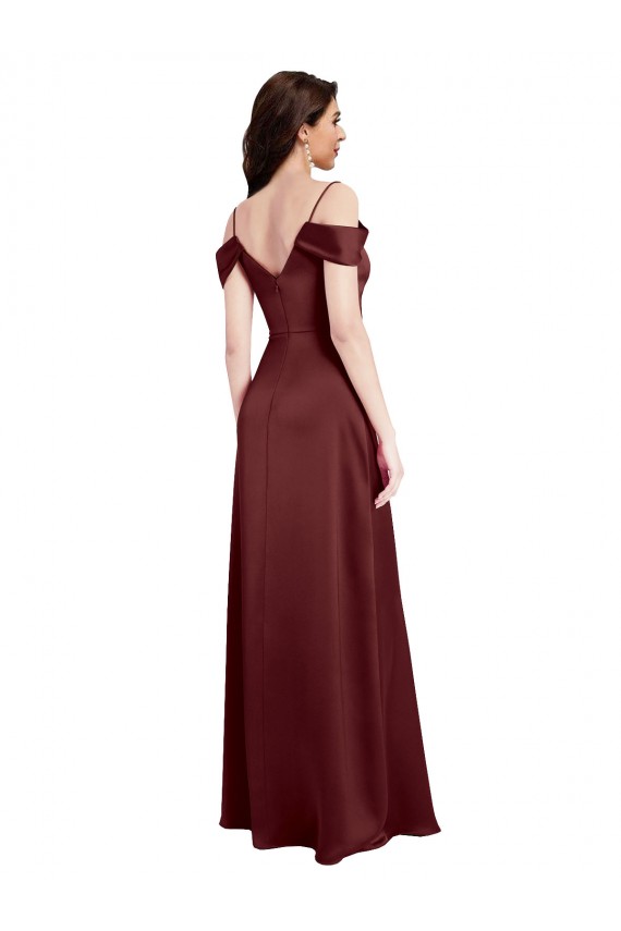 Acheter Bordeaux foncé Trapèze Épaule Dénudée Col V Satiné Stretch Longue Formelles Robes demoiselle d'honneur / Robes de soirée / Robes de bal