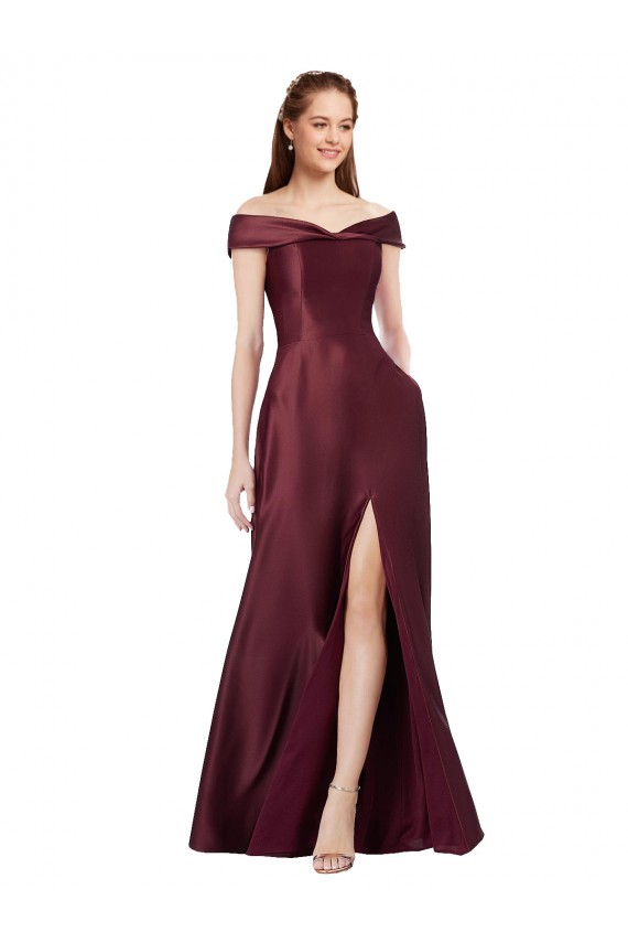 Acheter Bordeaux foncé Trapèze Épaule Dénudée Sans bretelle Satiné Longue Formelles Robes demoiselle d'honneur / Robes de soirée / Robes de bal