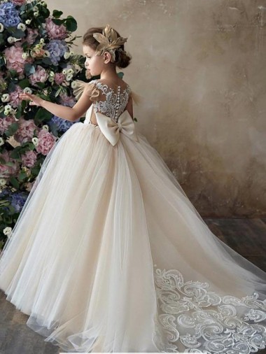 Acheter Champagne Princesse Tulle Dentelle Longue Robes de demoiselle d'honneur - fillette