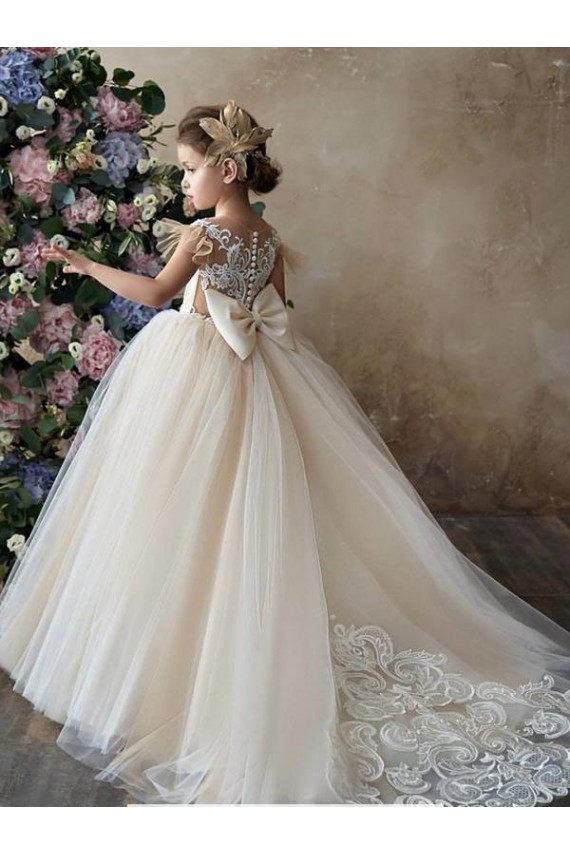 Acheter Champagne Princesse Tulle Dentelle Longue Robes de demoiselle d'honneur - fillette