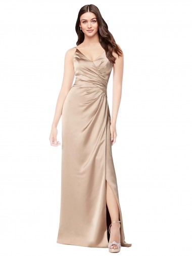 Acheter Champagne Rose Trapèze Bretelles spaghetti Col V Satiné Soyeux Longue Formelles Robes demoiselle d'honneur / Robes de soirée / Robes de bal