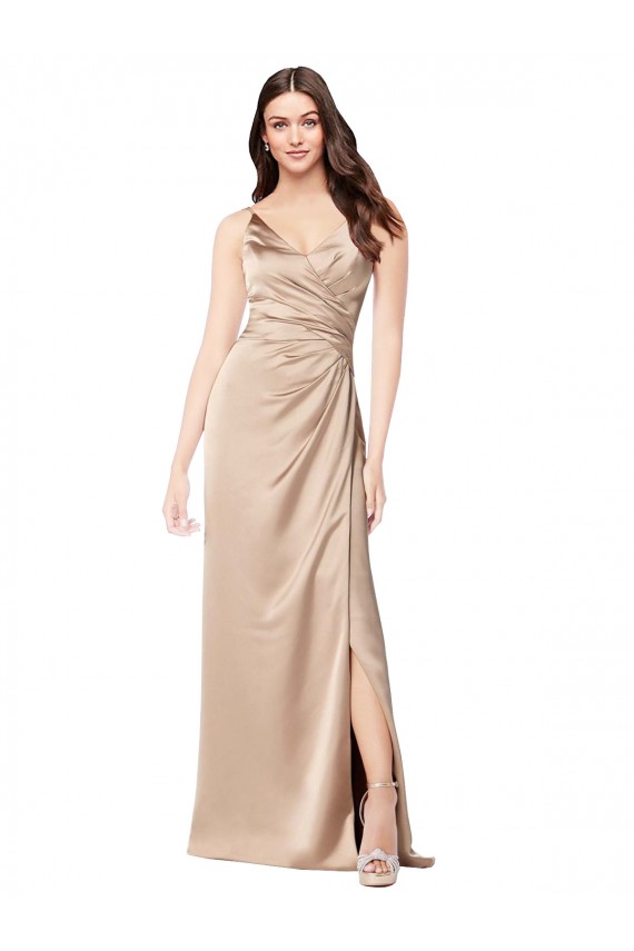 Acheter Champagne Rose Trapèze Bretelles spaghetti Col V Satiné Soyeux Longue Formelles Robes demoiselle d'honneur / Robes de soirée / Robes de bal