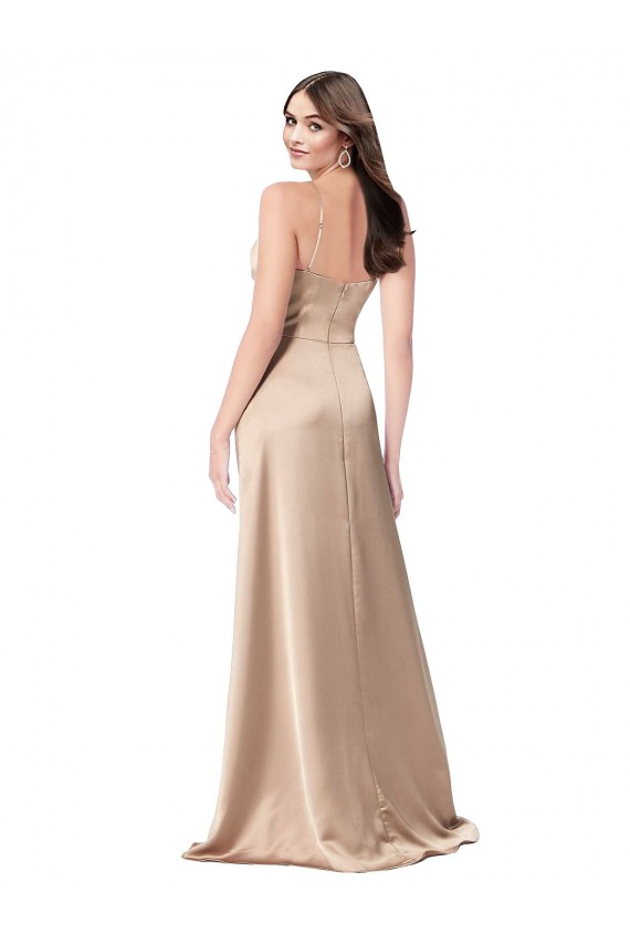 Acheter Champagne Rose Trapèze Bretelles spaghetti Col V Satiné Soyeux Longue Formelles Robes demoiselle d'honneur / Robes de soirée / Robes de bal