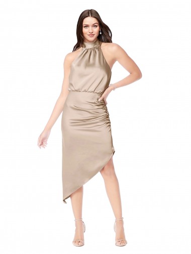 Acheter Champagne Rose Trapèze Licou midi Satiné Soyeux Courte Asymétrique Robes demoiselle d'honneur / Robes de bal / Robes de cocktail
