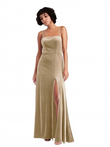 Acheter Champagne Trapèze Col Carré Velours Stretch Longue Formelles Robes demoiselle d'honneur / Robes de soirée / Robes de bal