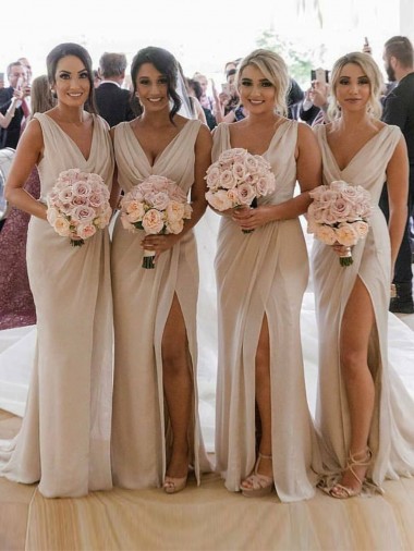 Acheter Champagne Trapèze Col V Mousseline Longue Robes demoiselle d'honneur