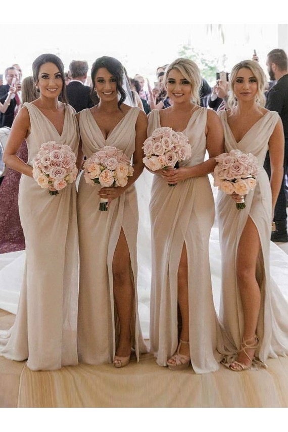Acheter Champagne Trapèze Col V Mousseline Longue Robes demoiselle d'honneur
