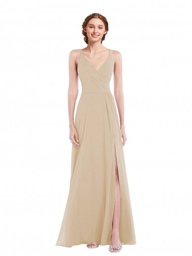 Acheter Champagne Trapèze Col V Mousseline Longue Robes demoiselle d'honneur