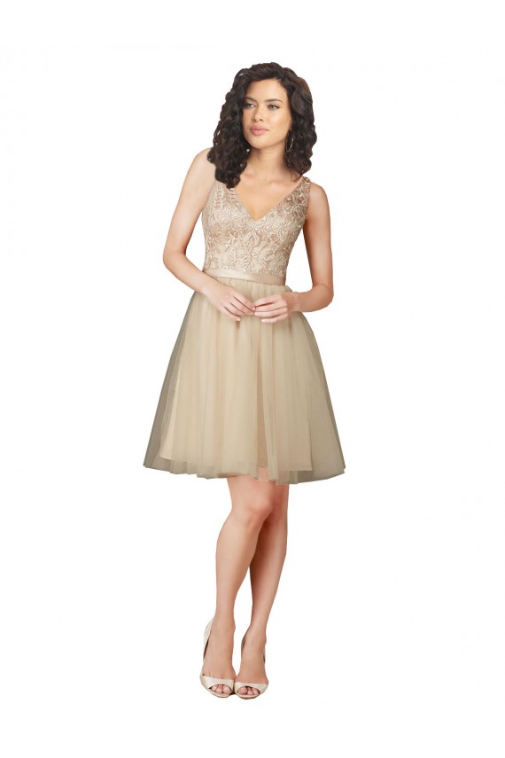 Acheter Champagne Trapèze Col V Tulle Dentelle Courte Robes demoiselle d'honneur