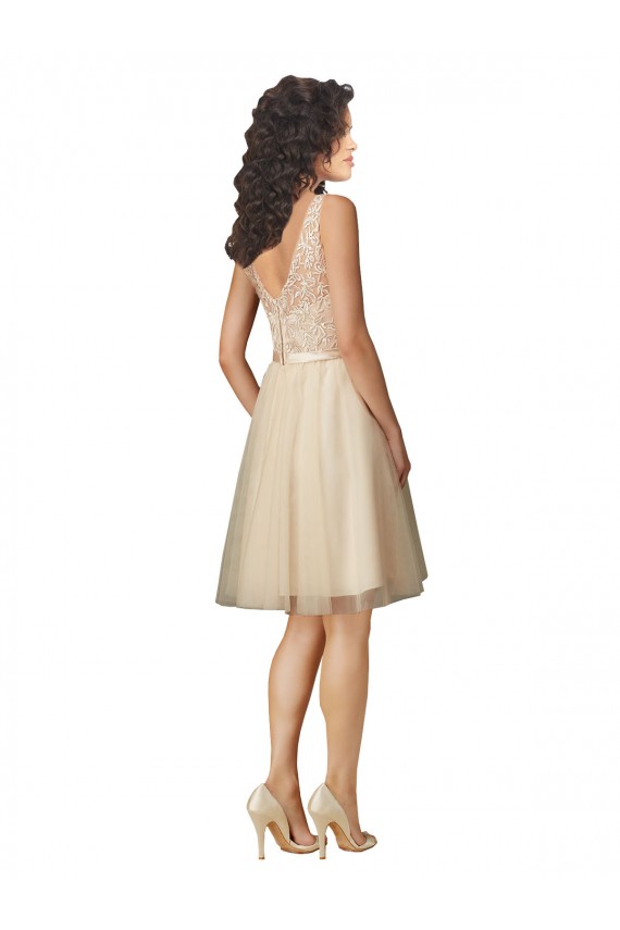 Acheter Champagne Trapèze Col V Tulle Dentelle Courte Robes demoiselle d'honneur