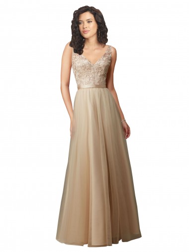 Acheter Champagne Trapèze Col V Tulle Dentelle Longue Robes demoiselle d'honneur
