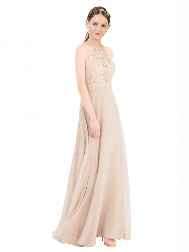 Acheter Champagne Trapèze Licou Col Haut Mousseline Dentelle Longue Robes demoiselle d'honneur / Robes de bal
