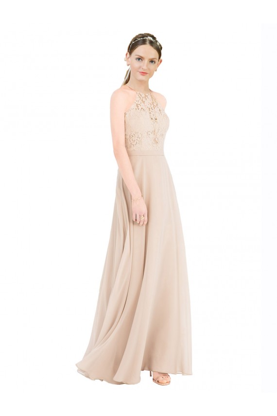 Acheter Champagne Trapèze Licou Col Haut Mousseline Dentelle Longue Robes demoiselle d'honneur / Robes de bal