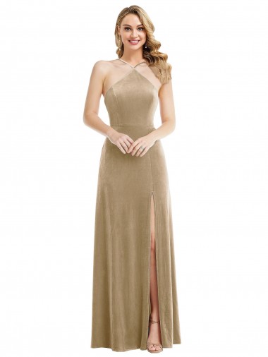 Acheter Champagne Trapèze Licou Col Haut Velours Stretch Longue Robes demoiselle d'honneur / Robes de bal