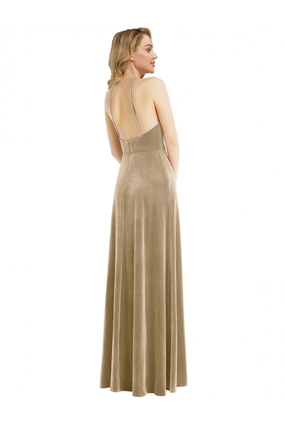 Acheter Champagne Trapèze Licou Col Haut Velours Stretch Longue Robes demoiselle d'honneur / Robes de bal
