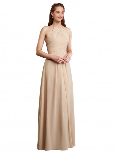 Acheter Champagne Trapèze Licou Mousseline Longue Robes demoiselle d'honneur
