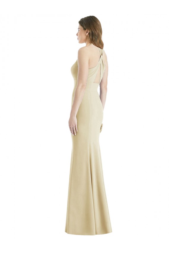 Acheter Champagne Trompette Bateau Crêpe Stretch Longue Robes demoiselle d'honneur / Robes de bal