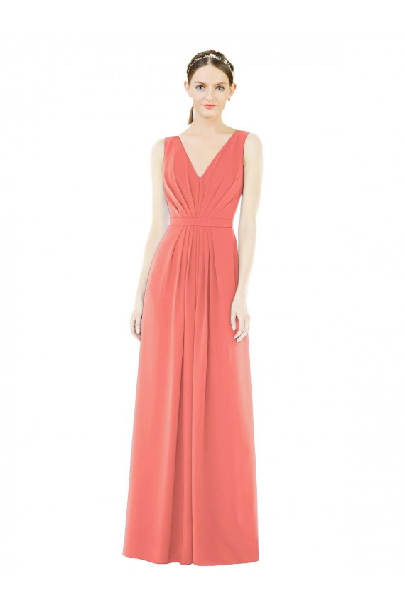 Acheter Corail Trapèze Col V Mousseline Longue Robes demoiselle d'honneur