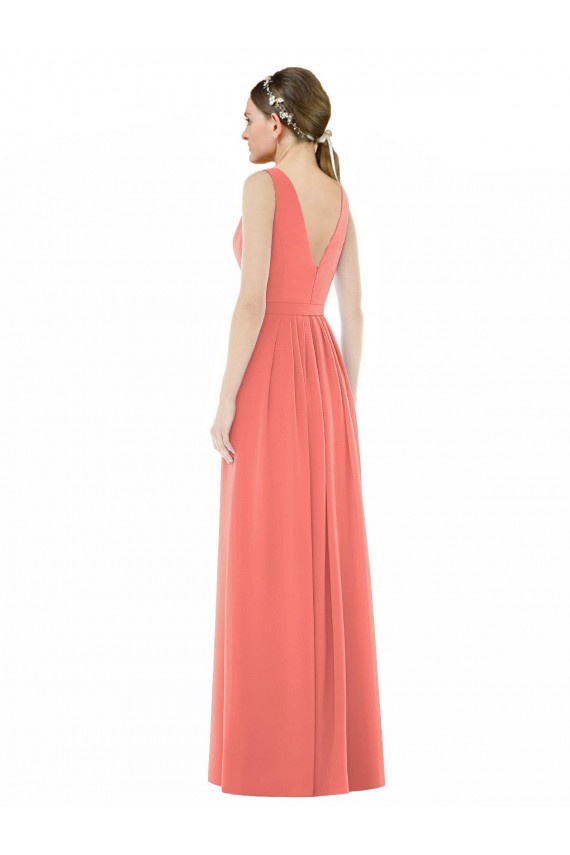 Acheter Corail Trapèze Col V Mousseline Longue Robes demoiselle d'honneur