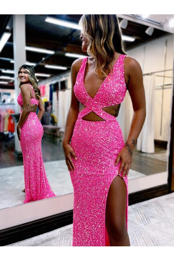 Acheter Couleur affichée Fourreau Col V Balayage train Paillettes Velours Longue Robes de bal
