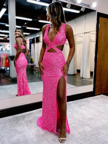 Acheter Couleur affichée Fourreau Col V Balayage train Paillettes Velours Longue Robes de bal