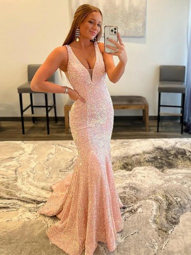 Acheter Couleur affichée Fourreau Col V Balayage train Paillettes Velours Longue Robes de bal